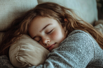 Sleepy girl peacefully hugs a soft pillow while resting on a comfortable couch in a cozy living room during the afternoon