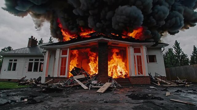 An editorial-style photo capturing a large family house with flames inside the room, fallen debris, shattered windows, and a smoldering corner, with items disappeared in the chaos