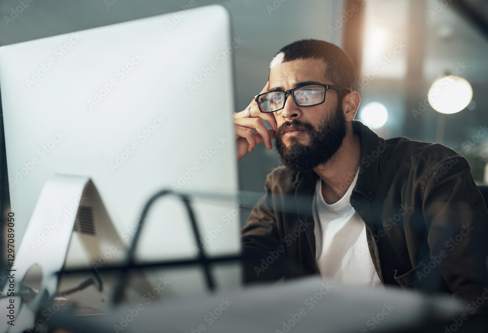 Poster overtime, man or graphic designer on computer in startup for online layout update or creative projec