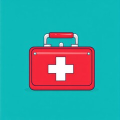 Obraz premium A bright red first aid kit with a white cross on a teal background, symbolizing health and safety.