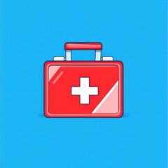 Fototapeta premium A colorful red first aid kit with a white cross symbol against a bright blue background.