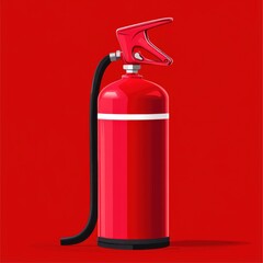 Obraz premium A vibrant red fire extinguisher with a black hose, set against a bold red background for high visibility.