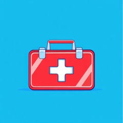 Obraz premium A vibrant red first aid kit with a white cross on a bright blue background.