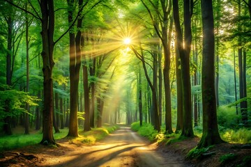 Fototapeta premium Sunlight Streaming Through a Green Forest Path – Nature Walk