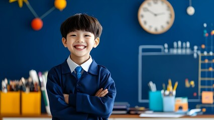 A smiling boy in a blue outfit stands confidently with arms crossed, in a classroom setting with colorful decorations. Concept Smiling Boy Portrait, Confident Stance, Classroom Décor