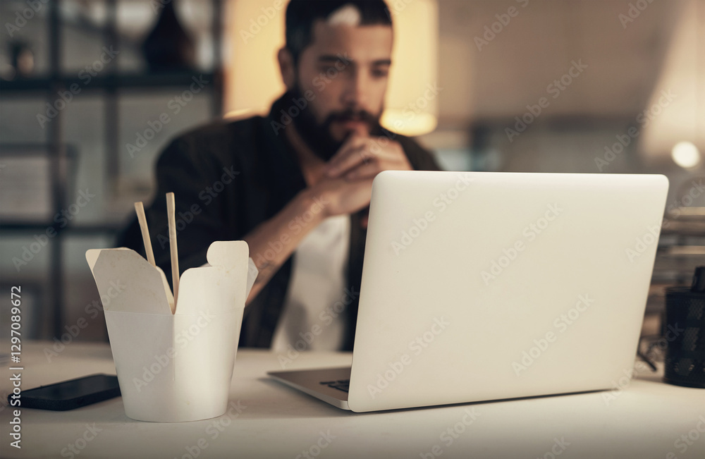 Poster Chinese food, designer and laptop with man in office at night for coding or computer engineering. Creative, takeaway and thinking with programming employee at desk in workplace for project deadline