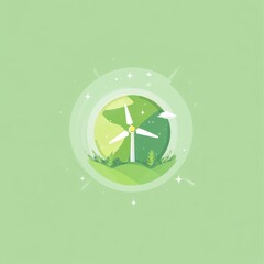 A stylized illustration of a wind turbine surrounded by lush greenery and a soft green background.