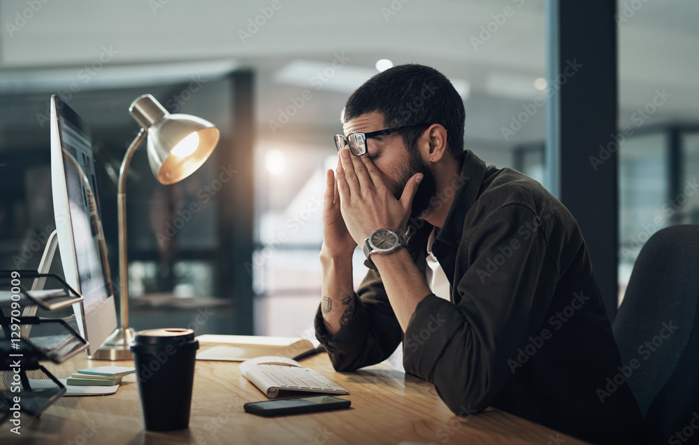 Poster Computer, eye strain and headache with man in office for website coding or programming deadline. Burnout, fatigue and stress with frustrated programmer employee in creative workplace for overtime