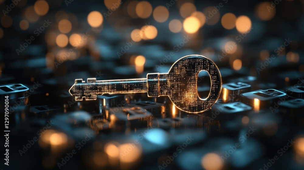 Poster glowing digital key hovering above a computer circuit board, representing the critical themes of cyb