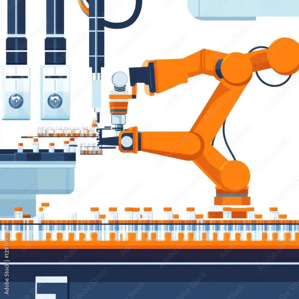 Poster an orange robotic arm skillfully arranging vials in a high-tech laboratory setting.
