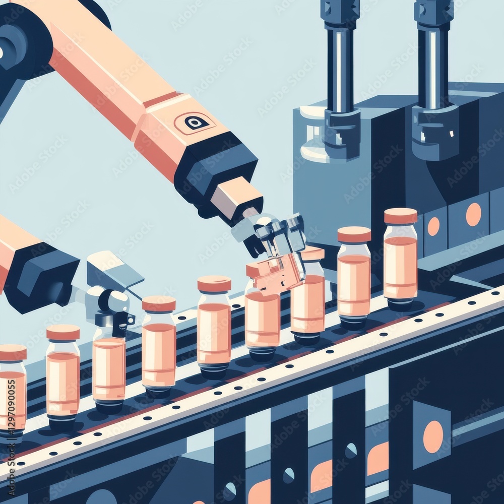 Poster a close-up of a robotic arm on a production line, expertly handling vaccine vials in a clean, modern