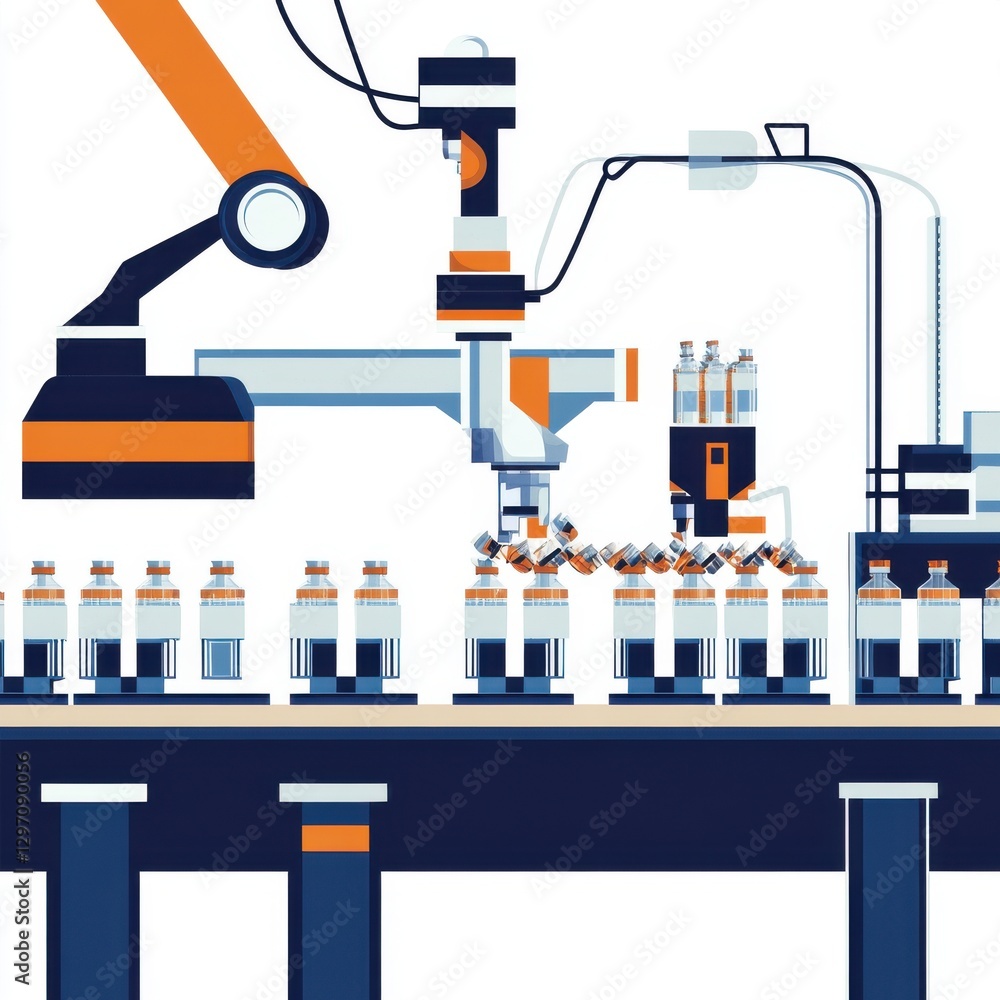 Poster a futuristic automated robotic arm assembling vials on a production line.