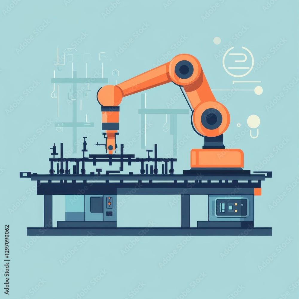 Poster a modern robotic arm efficiently assembling components in a sleek industrial setting.