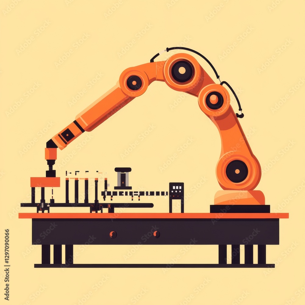 Poster an industrial robotic arm in orange, performing an assembly task in a minimalist style.