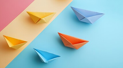 A creative collage of origami boats arranged on a colorful backdrop
