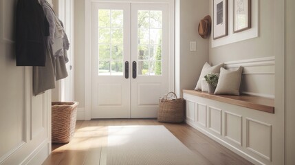 Entryway with White Doors, Bench, and Baskets