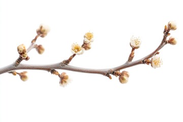 A close-up shot of a tree branch featuring delicate white flowers