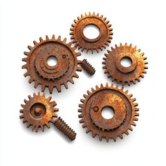 Rusty gears and screws showcase vintage industrial design and texture.