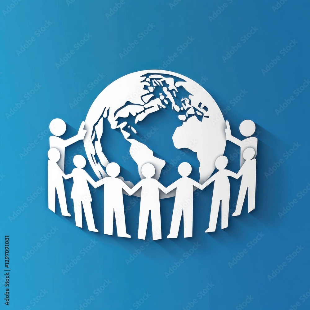 Poster symbolic representation of unity with diverse figures holding hands around the globe.