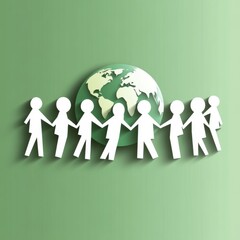 Fototapeta premium Diverse human figures holding hands around a green globe, representing unity and environmental care.