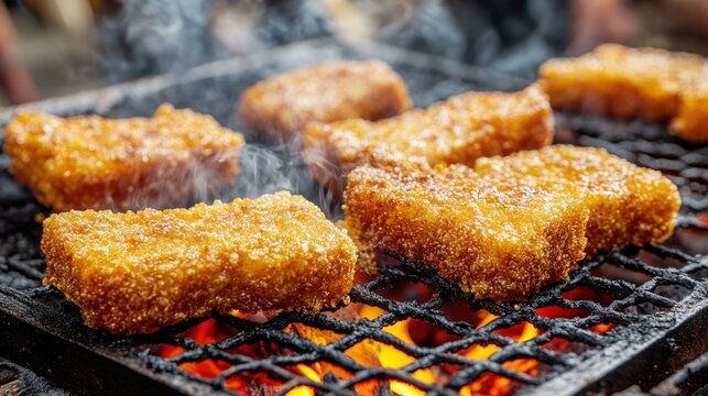 Grilled Kuih Kapit on Charcoal with Smoke Rising in Dramatic Close-Up