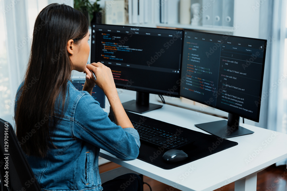 Poster young asian it developer looking online information on pc for beautiful pose with coding program dat