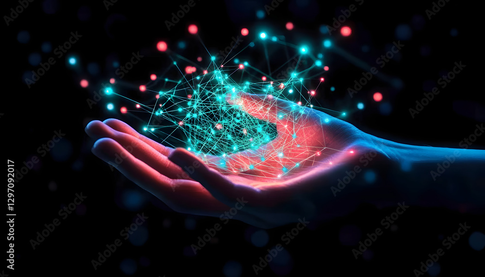 Poster hand holding a network of data connections representing technological progress and digital innovatio