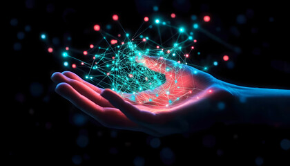 Hand holding a network of data connections representing technological progress and digital innovation