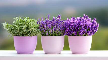 Fototapeta premium Lavender and herb plants in pots on balcony, scenic background, home gardening