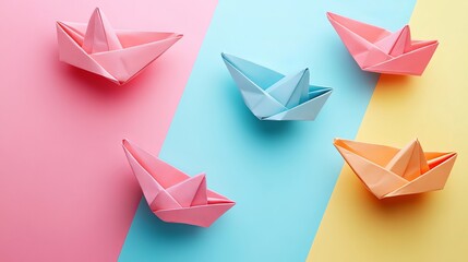 Naklejka premium A creative collage of origami boats arranged on a colorful backdrop