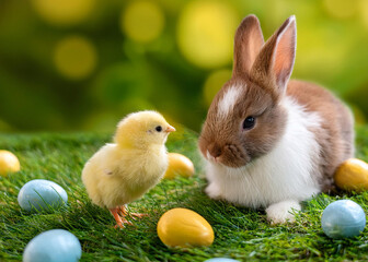 Easter bunny and chick playing with eggs
