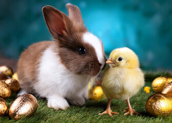 Easter bunny and chick playing with eggs