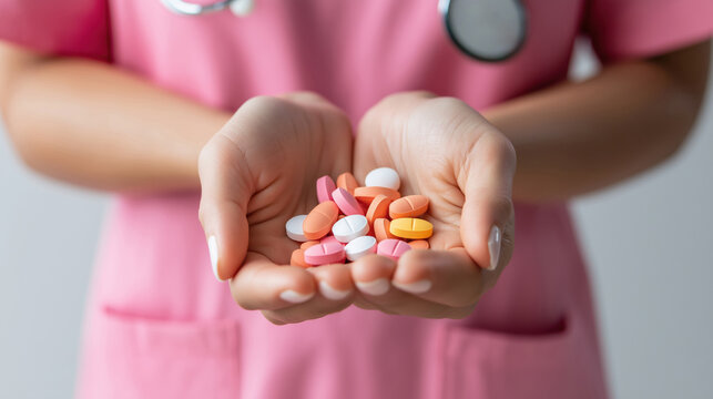 A woman is holding a bunch of pills in her hand. The pills are of different colors and sizes. Concept of responsibility and care, as the woman is likely a healthcare professional or a caregiver