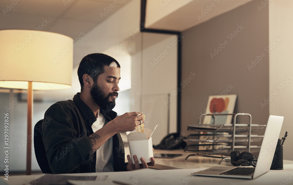 Poster Chinese food, design and laptop with man in office at night for coding or computer engineering. Chopsticks, creative and programming with employee eating takeaway at desk in workplace for hunger