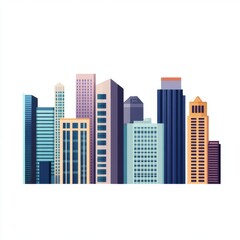 A vibrant city skyline featuring a mix of modern skyscrapers in various styles and colors.