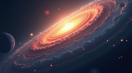 A binary world system with two planets locked in a slow gravitational spiral, merging their atmospheres into a massive glowing vortex in vibrant Vector Art.