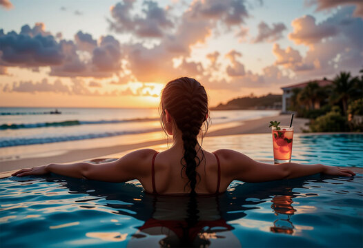 mujer morena en bikini disfrutando de la piscina de un hotel en sus vacaciones