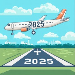 Illustration of an airplane landing on a runway marked 2025, symbolizing travel and future aspirations.