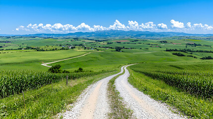 Fototapeta premium Winding road through green farmland, scenic mountains background, summer day, travel photography