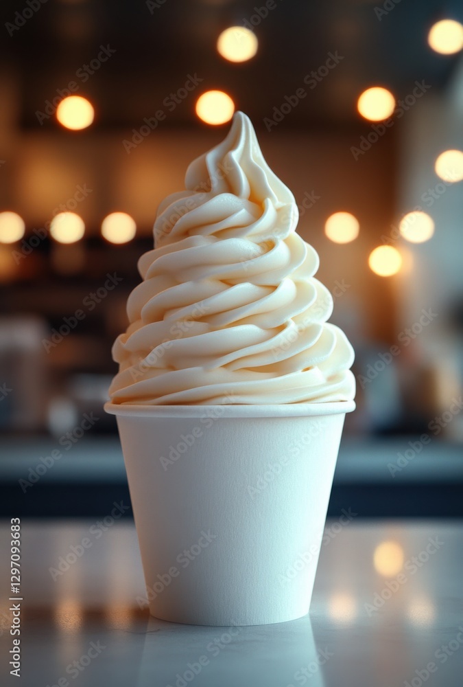 Poster creamy soft serve ice cream in a white cup with blurred background of warm bokeh lights at a modern 