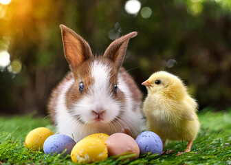 Easter bunny and chick playing with eggs