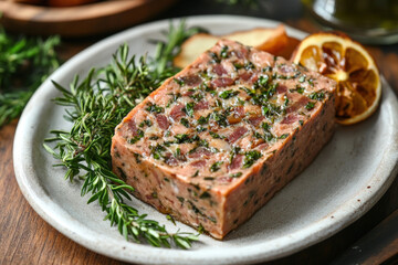 A delicious serving of pasztet (meat p&acirc;t&eacute;), elegantly presented on a platter