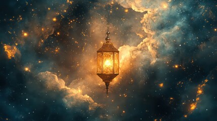 A glowing lantern hangs in an expanse of starry nebula clouds