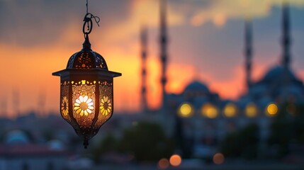 A classic Islamic lantern suspended gracefully, with a mosque softly blurred in the background