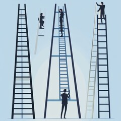 A group of professionals, including a woman and men, navigate various ladders symbolizing career growth.