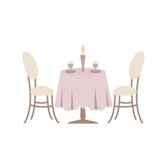 A round table on one leg covered with a tablecloth with two chairs on a white background