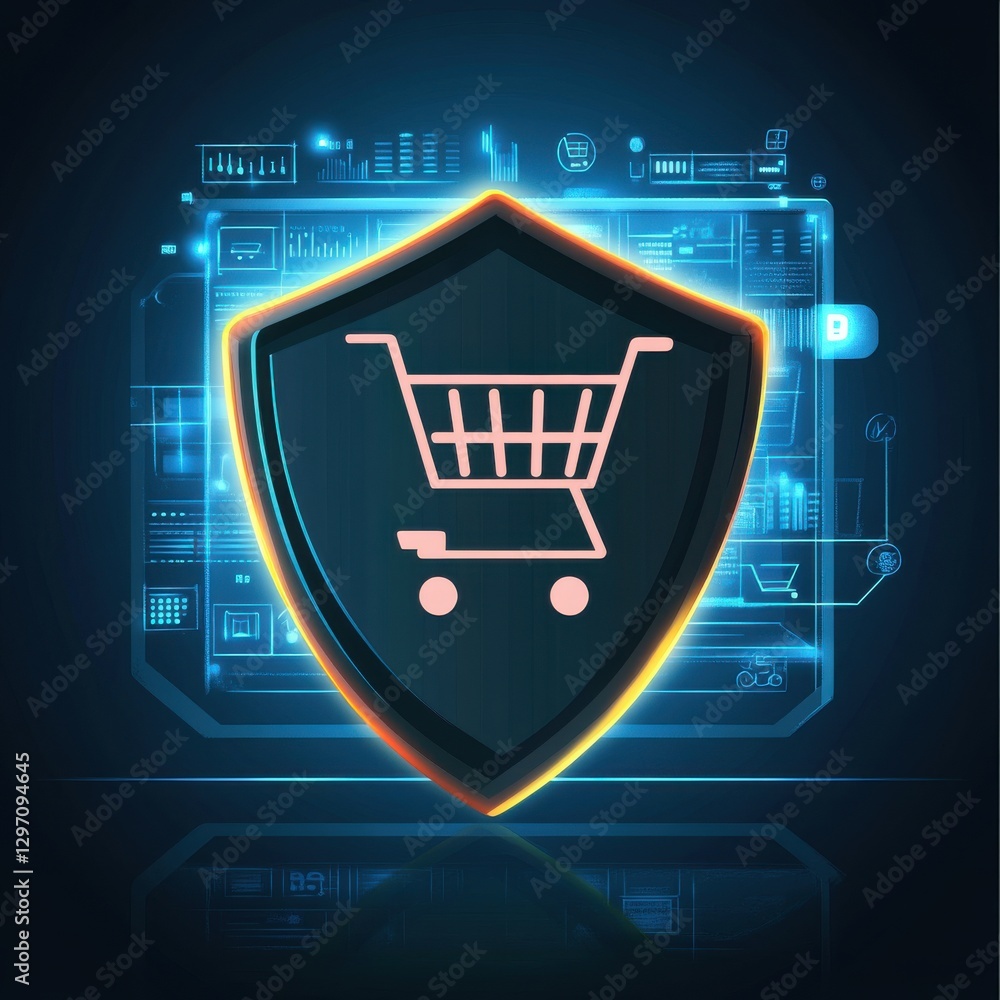 Poster digital shield symbolizing online shopping security with a shopping cart icon.
