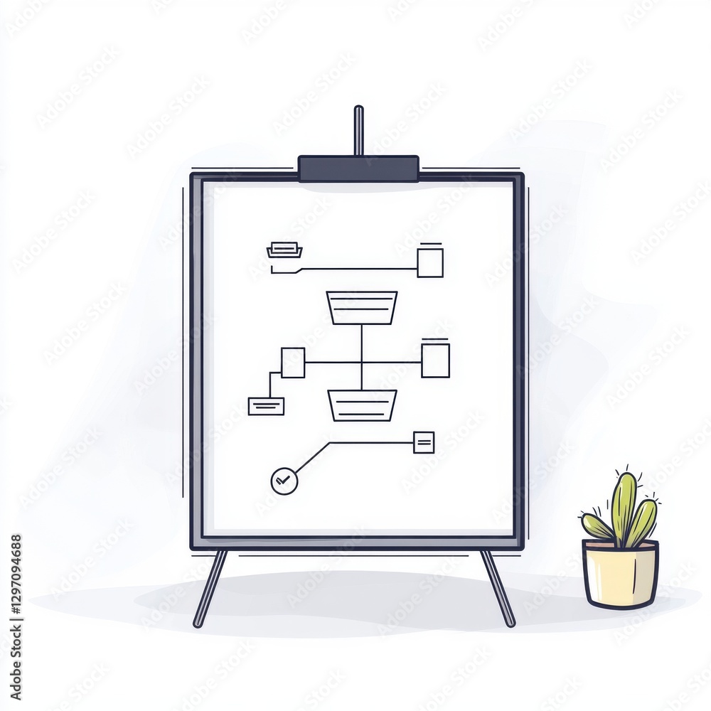 Poster a minimalist flowchart displayed on a whiteboard, illustrating a structured process with a potted ca