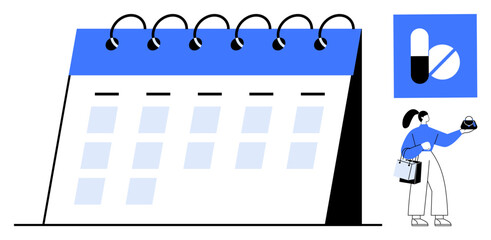 Woman holding medication with spiral-bound calendar for organizing appointments and medication schedules. Ideal for healthcare planning, time management, medical appointments, daily routine