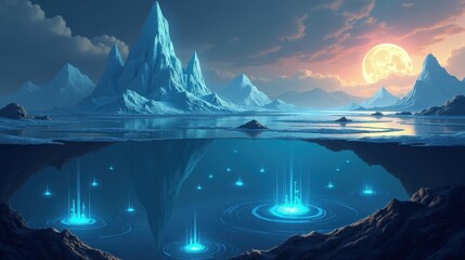 A vast ocean planet covered in glowing icebergs, floating monolithic structures, and deep trenches filled with mysterious, radiant lifeforms.